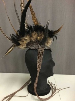 MISS G DESIGNS, Dk Brown, Black, Tan Brown, Feathers, Leather, Barbarian Feather And Faux Horn Headpiece, Macramé Sides Hang Over The Ears, Pheasant Feathers, Leather Crown Looks Like A Turtle Shell, Large Brass Brads On Sides, Wood Bead