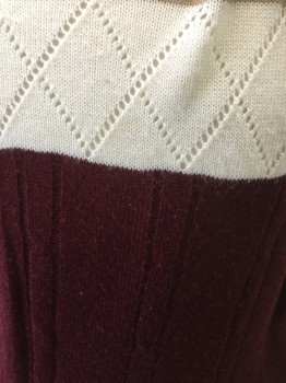 ANDREW ST. JOHN, Tan Brown, Cream, Red Burgundy, Acrylic, Color Blocking, Cable Knit, V-neck, Pull Over