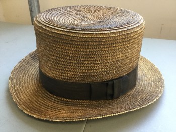 FOX 122, Tan Brown, Dk Brown, Straw, Solid, 1850'S  Shaker Hat, Tan/brown Straw Hat, Dark Chocolate Brown 1.5" Ribbon Around Crown