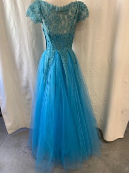 FOX332, Teal Blue, Nylon, Spandex, A-Line, Lace Bodice, Sweetheart Neckline, Rhinestones & Beads Along Neckline, Cap Sleeve, Attached Solid Slip, Side Zipper & Snap Buttons, Tulle Skirt, 6 Upside Down Lace Triangles on Skirt
