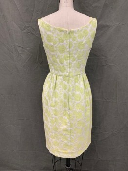 N/L, Lime Green, White, Silk, Rayon, Floral, Floral Brocade, Scoop Neck, Sleeveless, Zip Back, Gathered Skirt, Tab Front Waist with Pearl Circle Brooch, Knee Length,