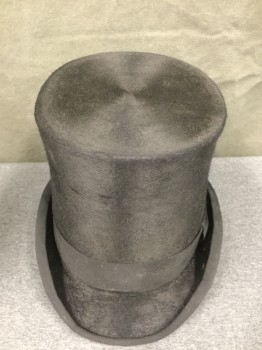 KAMINSKY, Black, Fur, Top Hat, 2" Wide Faille Band and Edging at Brim, 6.5" Tall Narrow Crown, Rolled Side Brim