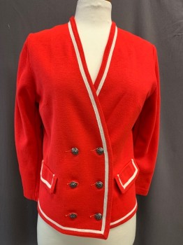 CAPRISIANS, Red, White, Silver, Wool, Solid, Stripes, Double Breasted, V-neck, Thick Knit Cardigan, Not a Lot of Stretch, 2 Decorative Pocket Flaps