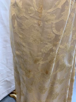 MTO, Yellow, Cream, Synthetic, Brocade, V-neck, Sleeveless, with Velvet Train, Gold Painted Bead Trim on Armcyes and Waist, Velvet Trim on Neckline, Waist, and Front and Back Skirt Panel *Several Water Stains All Around Especially on Front Hem*