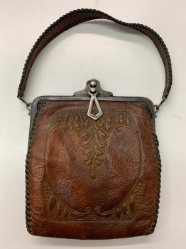 NL, Brown, Leather, Metallic/Metal, Solid, Embossed Floral Design, with Antique Silver Ball Snap Closure, Contrast Black Leather Stitching Around All Edges, Two Small Pockets and Original Leather Covered Mirror Inside