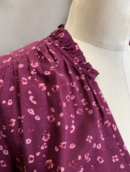 CLOTH & STONE, Red Burgundy, Mauve Pink, Rayon, Floral, Long Sleeves, Pullover, Round Neck with V-Notch, Self Ruffle Detail