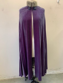 ERIC WINTERLING MTO, Dusty Purple, Gray, Silk, Faux Fur, Solid, Crushed Velvet with Gray Faux Fur Collar, Open at Center Front, 2 Large Decorative Purple Corded Buttons at Neck with Hook & Eye Closures, Lavender Acetate Lining, Ankle Length, Made To Order