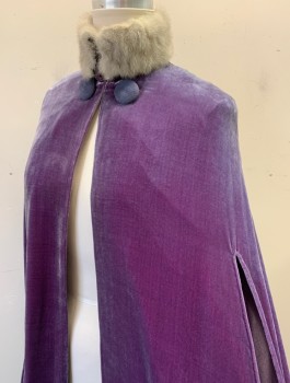 ERIC WINTERLING MTO, Dusty Purple, Gray, Silk, Faux Fur, Solid, Crushed Velvet with Gray Faux Fur Collar, Open at Center Front, 2 Large Decorative Purple Corded Buttons at Neck with Hook & Eye Closures, Lavender Acetate Lining, Ankle Length, Made To Order