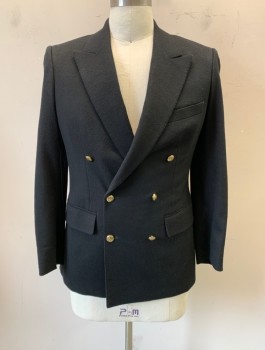 YING TAI, Black, Wool, Peak Lapel, Double Breasted, Button Front, 6 Gold Buttons, 3 Pockets