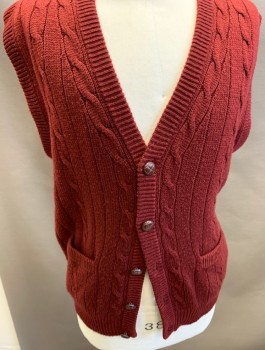 TOWN CRAFT, Maroon Red, Acrylic, Cable Knit, Cardigan with 5 Button Closure. 2 Pockets