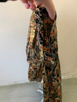 N/L MTO, Black, Gold, Peach Orange, Silk, Floral, Abstract , Metallic Brocade, Open at Center Front with No Closures, Low Slung Drapey Arm Holes, Floor Length, Draped Detail in Back, Made To Order