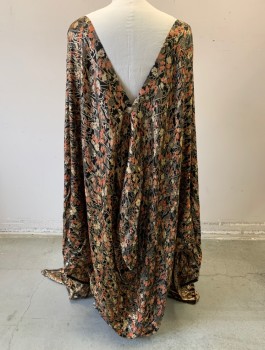 N/L MTO, Black, Gold, Peach Orange, Silk, Floral, Abstract , Metallic Brocade, Open at Center Front with No Closures, Low Slung Drapey Arm Holes, Floor Length, Draped Detail in Back, Made To Order