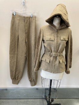 N/L, Cream, Lt Brown, Wool, Faux Fur, Houndstooth, Zip Front, 4pkts with Flaps , Belt, Cuffs And Collar /Hood,  Faux Fur Detail On Sleeves
