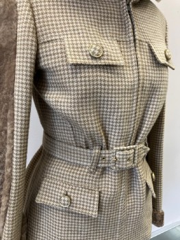 N/L, Cream, Lt Brown, Wool, Faux Fur, Houndstooth, Zip Front, 4pkts with Flaps , Belt, Cuffs And Collar /Hood,  Faux Fur Detail On Sleeves