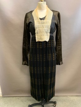 N/L, Black, Brown, Ecru, Silk, Wool, Solid, Patchwork, Bodice Portion is Cotton with Silk Satin Sleeves in Not Matching Black, Ecru Lace Modesty Panel with Tiny Snaps at Front, Square Neck, Accordion Pleated Wool Skirt with Brown Checked Pattern,