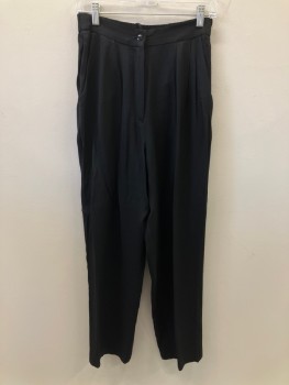 DANI MAX, Black, Rayon, Acetate, Solid, Pleated Front, Elastic Waist Band, Side Pockets, Zip Front,