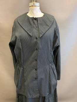 NL, Black, White, Cotton, Stripes - Vertical , Pilgrim Collar, Button Front, L/S, Gathered at Both Sides of Waist