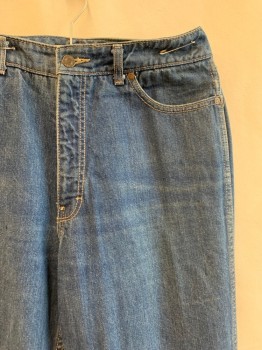 CALVIN KLEIN, Denim Blue, Cotton, Top Pockets, Zip Front, 2 Patch Pockets at Back, Brown Stitched Loop Design on Back Pockets