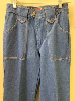 NLF, Denim Blue, Cotton, High Waist, Top Pockets, Orange Stitching, 2 Back Pockets With Flap, Bell Bottoms