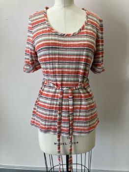 MISTER MARTY, Red/ Multi-color, Horizontal Stripes, Scoop Neck, Cuffed S/S, Belt Loops, Waist Belt,