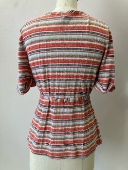 MISTER MARTY, Red/ Multi-color, Horizontal Stripes, Scoop Neck, Cuffed S/S, Belt Loops, Waist Belt,