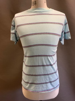 NL, Lt Blue, Multi-color, Cotton, Stripes, CN, S/S, Lilac, Pink, Sea Green, And Black Stripes *Stains On Back Near Hem And Back Left Sleeve*