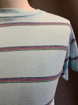 NL, Lt Blue, Multi-color, Cotton, Stripes, CN, S/S, Lilac, Pink, Sea Green, And Black Stripes *Stains On Back Near Hem And Back Left Sleeve*