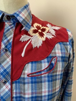 KARMAN, Blue, Dk Red, Multi-color, Polyester, Plaid, Floral, C.A., Snap Front, L/S, 2 Pckts, Floral Embroidery At Chest And Back Yoke, "Kenny Rogers Western Costume Collection"