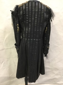 MTO, Black, Gold, Brass Metallic, Polyester, Metallic/Metal, Stripes - Vertical , 1700'S, Button Front, Crew Neck, Long Sleeves Cuffed, Heavy Filigree  Epaulets, Lacing/Ties on Sleeves, Belt Loops, Fur at Shoulders and Cuffs, Pinked Leather Trim