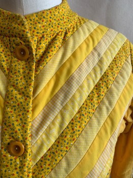 JEAN OLSON, Yellow, White, Blue, Green, Red, Cotton, Polyester, Gingham, Floral, Tiny Floral Print, Yellow Corduroy Diagonal, Vertical Stripes, and Diamond Quilt,  Button Front, Round Neck, Long Sleeves, 2 Side Pockets