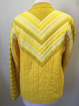 JEAN OLSON, Yellow, White, Blue, Green, Red, Cotton, Polyester, Gingham, Floral, Tiny Floral Print, Yellow Corduroy Diagonal, Vertical Stripes, and Diamond Quilt,  Button Front, Round Neck, Long Sleeves, 2 Side Pockets