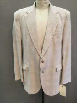Oakton, Tan Brown, Lt Blue, Pink, Polyester, Wool, Plaid, Collar Attached, Notched Lapel, 3 Pockets
