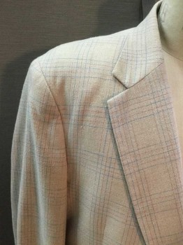 Oakton, Tan Brown, Lt Blue, Pink, Polyester, Wool, Plaid, Collar Attached, Notched Lapel, 3 Pockets