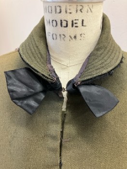 NO LABEL, Olive Green, Black, Wool, Solid, Stitched Collar with Black Bow At CF Neck, Hook & Eyes Closure, Aged