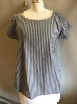 MTO, Gray, Slate Blue, Off White, Polyester, Cotton, Stripes - Vertical , Heathered, Heather Gray & Slate Blue Vertical Stripes, Wide Neck W/off white Lace Trim, Cap Sleeves, Historical Fantasy