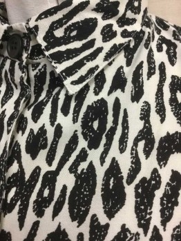 CALIFORNIA KRUSH, White, Black, Rayon, Animal Print, Blouse Leopard Spots, Short Sleeve Button Front, Collar Attached,