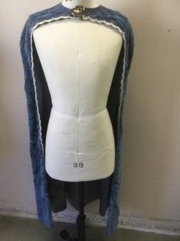 N/L, Slate Blue, Silver, Gold, Black, Polyester, Solid, Slate Blue Crushed Velvet, Silver Metallic Scallopped Trim at Center Front, Open at Center Front, with 2 Snap Closures at Neck, Gold and Black Embroidered/Beaded Appliqué at Center Front Neck, Gray Satin Lining, Floor Length Hem, Made To Order