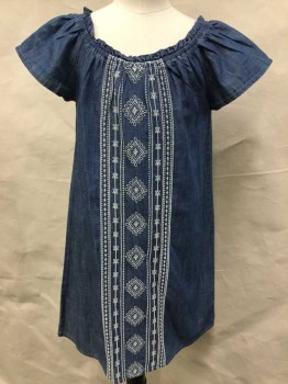OLD NAVY, Blue, Gray, White, Cotton, Heathered, Heather Blue Chambray, Elastic Round Neck,  Cap Sleeves, White Vertical Diamond/floral Embroidery Front Center,