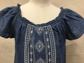 OLD NAVY, Blue, Gray, White, Cotton, Heathered, Heather Blue Chambray, Elastic Round Neck,  Cap Sleeves, White Vertical Diamond/floral Embroidery Front Center,