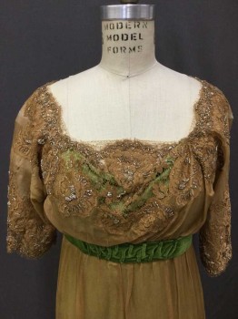 MTO, Lt Green, Caramel Brown, Kelly Green, Silk, Lace, Solid, Evening Gown Caramel Organza With Lace And Beading Over Light Green Satin, Short Sleeve,  Kelly Green Velvet Ribbon At Empire Line,