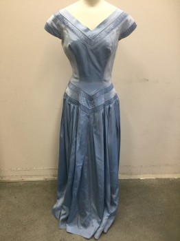 N/L, Lt Blue, Silk, Solid, Silk Taffeta, Cap Sleeve, V-neck, 1" Wide Finely Gathered Panels at V-neck, Arm Holes, and 2 Chevron Stripes at Waist, Pleated Skirt, Floor Length,