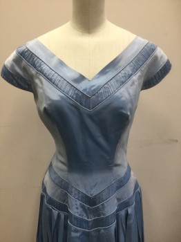 N/L, Lt Blue, Silk, Solid, Silk Taffeta, Cap Sleeve, V-neck, 1" Wide Finely Gathered Panels at V-neck, Arm Holes, and 2 Chevron Stripes at Waist, Pleated Skirt, Floor Length,