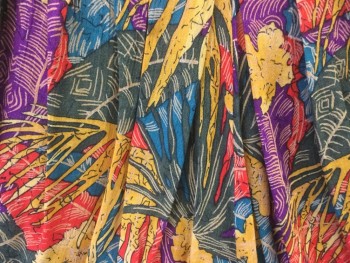 N/L, Mustard Yellow, Red, Purple, Teal Blue, Olive Green, Rayon, Floral, Tropical Leaf Print. Wide Leg Shorts. Zipper at Left Side, Elasticated Back Waist
