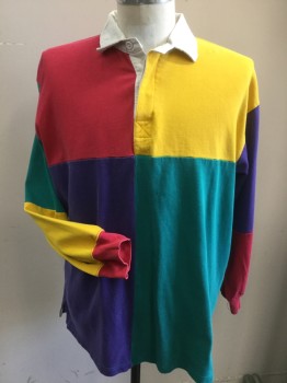 RUGBY SPORTSMAN, Red, Yellow, Purple, Green, White, Cotton, Color Blocking, Pullover, 3 Buttons,  Knit, Long Sleeves, White Collar