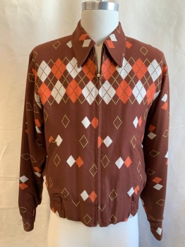 N/L, Brown, Burnt Orange, White, Yellow, Rayon, Argyle, 1950's, Eisenhower Jacket, Zip Front, 2 Pockets, Pointy Collar Attached, Smocked Elastic Waistband, Button Cuff, Pleated at Cuff