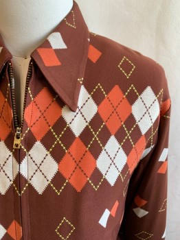 N/L, Brown, Burnt Orange, White, Yellow, Rayon, Argyle, 1950's, Eisenhower Jacket, Zip Front, 2 Pockets, Pointy Collar Attached, Smocked Elastic Waistband, Button Cuff, Pleated at Cuff