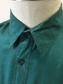 ROBERT STOCK, Teal Green, Silk, Solid, Long Sleeve Button Front, Collar Attached, 2 Patch Pockets with Button Closures, Oversized Fit,