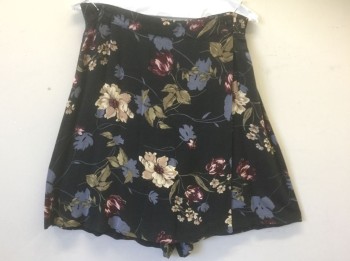 SAG HARBOR, Faded Black, Rayon, Floral, Floral Pattern in Muted Colors, Elastic Waist in Back, Wrap Closure at Front, Hem Above Knee,