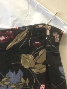 SAG HARBOR, Faded Black, Rayon, Floral, Floral Pattern in Muted Colors, Elastic Waist in Back, Wrap Closure at Front, Hem Above Knee,