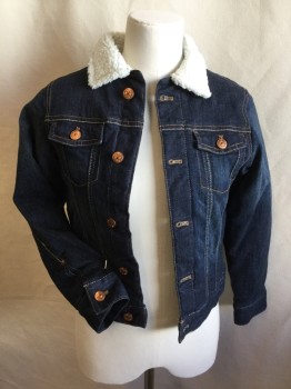 & DENIM, Dk Blue, Off White, Cotton, Polyester, Solid, Dark Navy Denim, Off White Sheep Collar Attached, Copper Button Front, Long Sleeves, with Red/navy/olive Light Puffy Lining